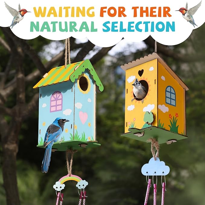 JMMICO 3 Pack Bird Houses Kits for Kids, Wooden Painting Arts and Crafts for Kids Ages 8-12, Build & Paint Your Own Bird Houses and Wind Chime Kits, Toddlers Easter Gifts for Girls Boys