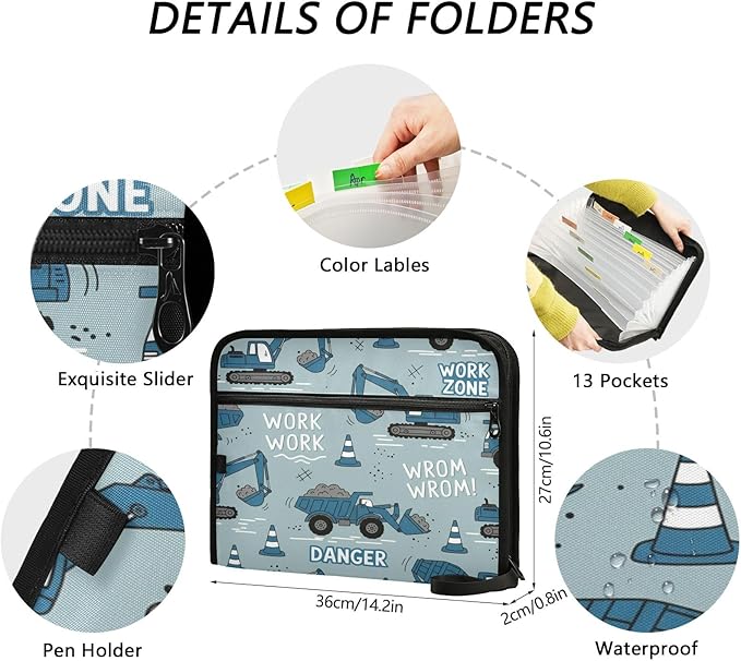 Construction Machines Truck 13 Pocket File Organizer Expanding File Folder with Front Pouch Portable Business File Storage Document Organizer Folder with Zipper