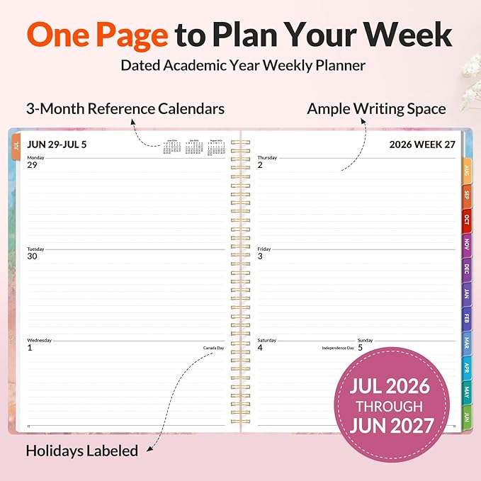 SUNEE Academic Planner 2026-2027 – Weekly & Monthly Planner, July 2026 to June 2027, 8.5"x11", Thick Paper, Tabs, Pockets, Bookmark, Spiral-Bound, Student Teacher Organizer, Marble
