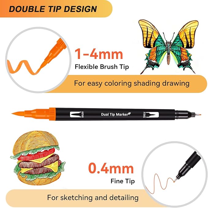 Artugn Dual Markers Brush Pens for Adult Kids Coloring Books,120 Colors Art Marker Set with Fine & Brush Tip Pen for Bullet Journaling, Coloring, Drawing, Hand Lettering, Calligraphy, Art Supplies