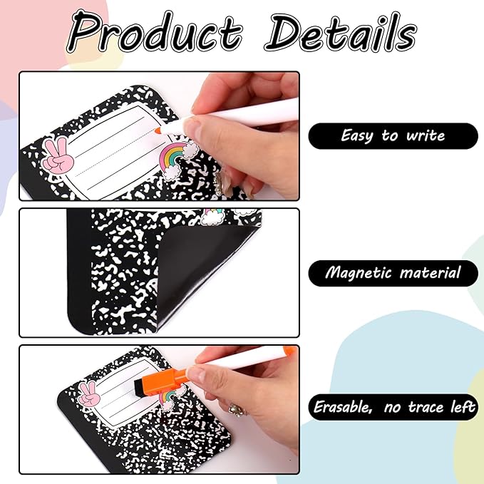 JarThenaAMCS 48Pcs Composition Notebook Magnetic Name Tags Reusable Dry Erase Label Writable Back to School Name Plate Magnet with Markers for Classroom Whiteboard Locker
