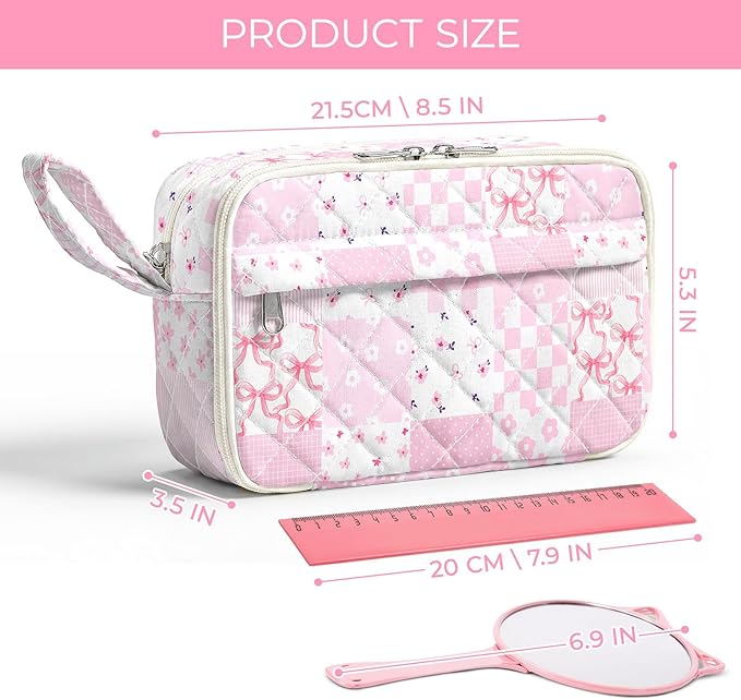 WOBAGMEN Quilted Pencil Pouch for Girls Women, Large Pencil Case Pouch with Compartments Cute Aesthetic Pencil Case Organizer, Floral Pencil Bag for School Supplies (Pink Checked Patchwork)