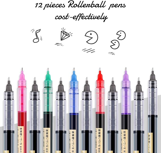 Frienda 12 Pcs Rolling Ball Pen 0.5 mm Japanese Pen,Classic Colors