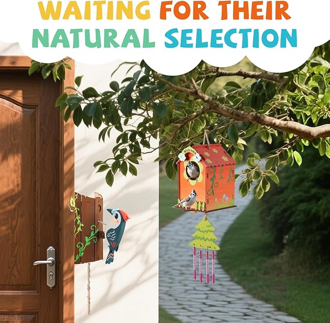 JMMICO Paint Your Own BirdHouses, Wooden Painting Crafts Kits for Kids, Wooden Woodpecker Doorbell & DIY Bird House for Outside, Arts and Crafts for Kids, Easter Gifts for 8-12 Year Old Girls Boys