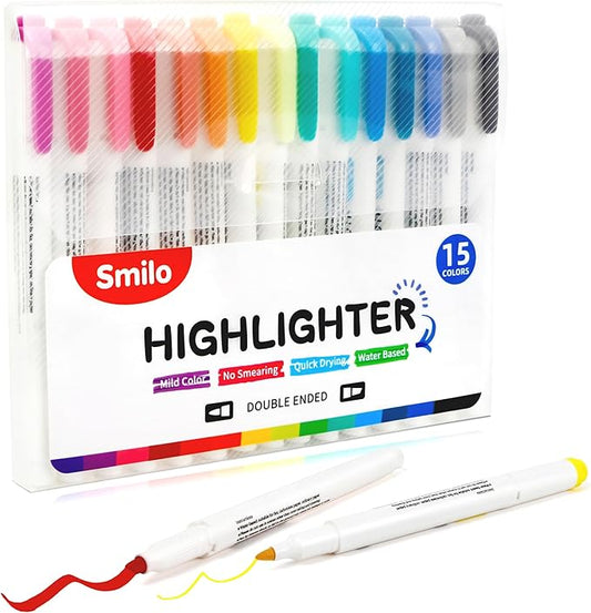 Smilo 15 Pack Dual-Tip Highlighter Marker Set, Chisel and Fine Point Tip,Quick Dry No Bleed Ideal for Bible Journaling Giftable Art Supplies and Coloring, Underlining,Assorted Ink Colors