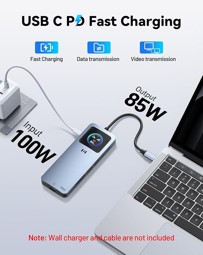 Laptop Docking Station Dual Monitor, 12-in-1 USB-C Docking Station with Smart LCD Display, 2 HDMI Ports+100W PD+10Gbps USB-C/A+2.5G Ethernet+SD/microSD, Docking Station for Dell/HP/Lenovo Laptop