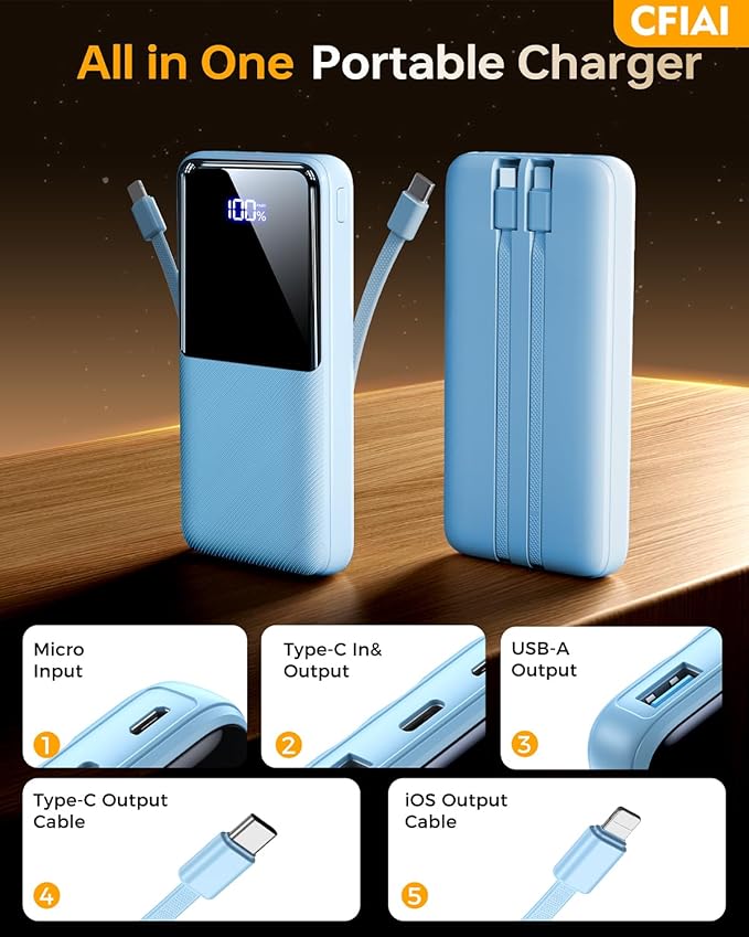 CFIAI Portable Charger Power Bank - 20000mAh Battery Pack Portable Phone Charger with Built in Cable 22.5W Fast Charging Powerbank Compatible with iPhone Android Samsung Phone, Ocean
