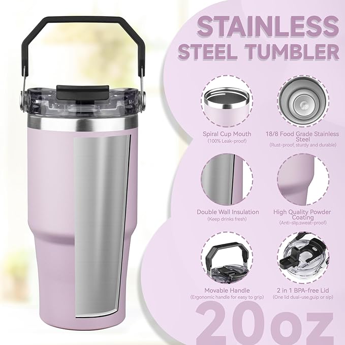 20oz Tumbler with Handle and Flip Straw Lid Double Wall Insulated Travel Coffee Mug Stainless Steel Vacuum Insulated Coffee Tumbler Cup for Hot and Cold Beverages,Leak-proof&BPA-free (20oz,Purple)