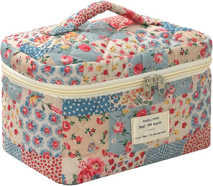 uekeboag Large Travel Quilted Makeup Bag for Women | Soft Floral Cotton Cosmetic Bag, Foldable Coquette Aesthetic Toiletry Organizer