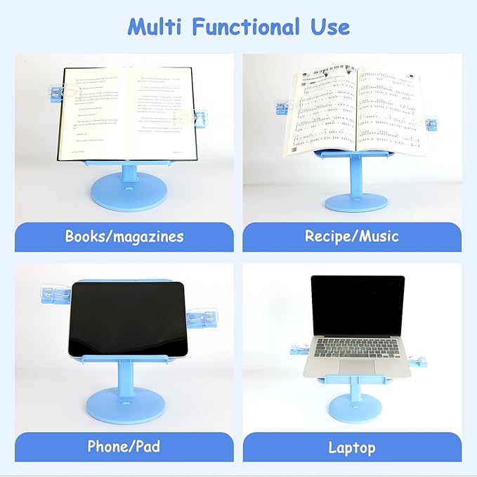 Kids Book Stand, Adjustable Reading Holder with Thick Base, Foldable Reading Stand with Page Clips, for 8.5"×11" or Smaller, Gift for Children's Day, Blue