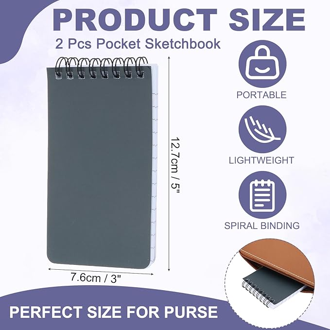 PATIKIL 3x5" Pocket Sketchbook, 2 Pcs Top Spiral Notebook Mini Lined Notebook Memo Pads 80GSM 60 Sheets/120 Pages Hard Cover Portable for Office Outdoor Travel Journal Draw, Dark Gray