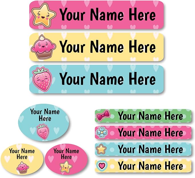 Lovable Labels Personalized Labels for Kids (85 Labels/Pack) - 3 Label Sizes Waterproof Dishwasher Safe Peel & Stick Labels for School Supplies Daycare Camp Clothing Bottles (Manga)