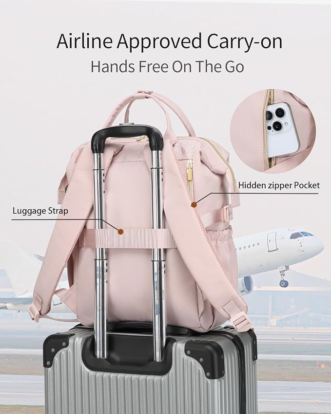 Large Bookbag for Women Laptop Backpack, Teacher Nurse Work Computer Bags with Cup Holder & USB Charger for Travel, School Bag College Back Pack for Girls, Pink