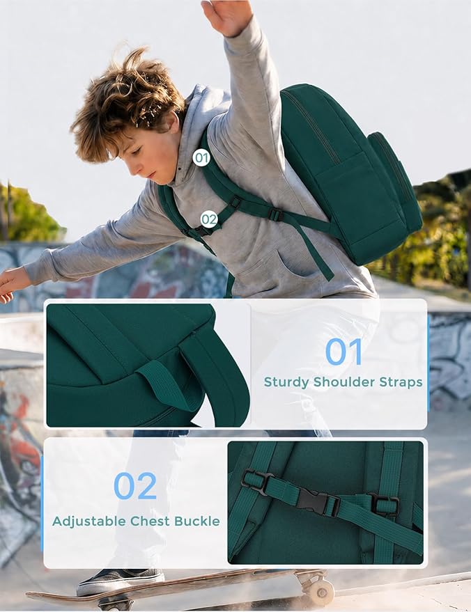 VASCHY School Backpacks, Lightweight Bookbag Schoolbag for Boys Girls Casual Basic Simple Daypack for Men Women Dark Green