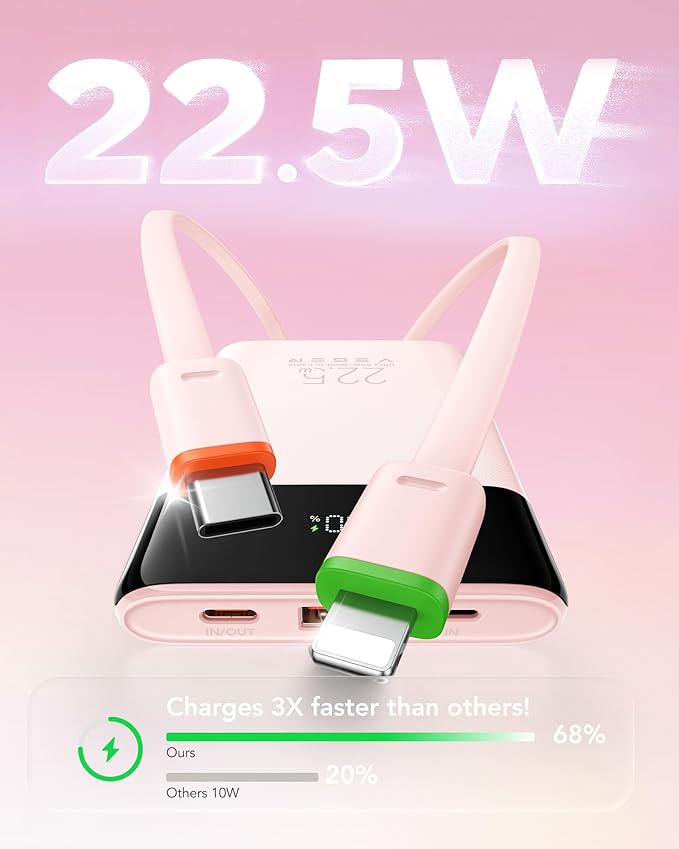 VEGER 22.5W Fast Charging Portable Charger, Slim 10000mAh Power Bank with Built-in Cables, Small USB C Battery Pack for iPhone iPad Samsung Galaxy Pixel LG Moto, Flight Safe, Travel Essential, Pink
