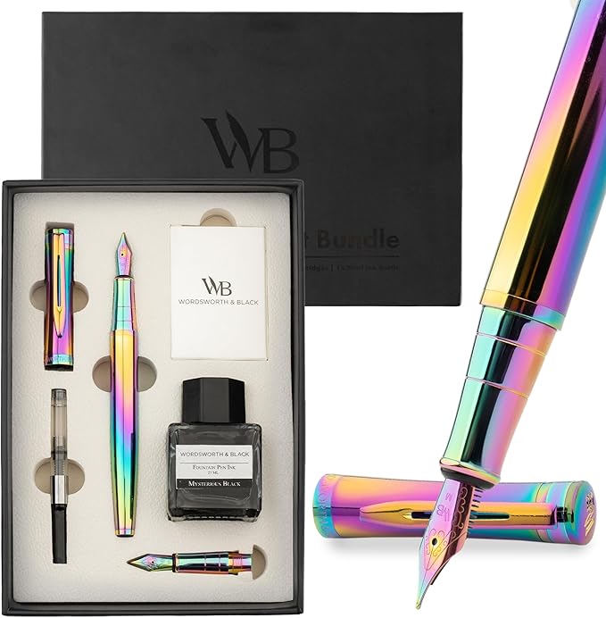 Wordsworth & Black Fountain Pen Set, 18K Gilded Medium and Extra Fine Nib, 25ML Black Ink Bottle, 6 Ink Cartridges,Refill Converter, Gift Box,Smooth Writing Pens [Rainbow],Gift Set for Men and Women