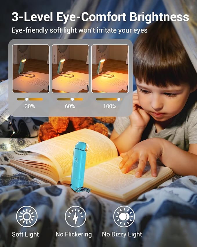 DEWENWILS USB Rechargeable Book Light, Amber Glow, Blue Light Blocking, Brightness Adjustable for Eye-Care, LED Clip on Book Reading Lights, Portable Bookmark Light for Kids (Blue)