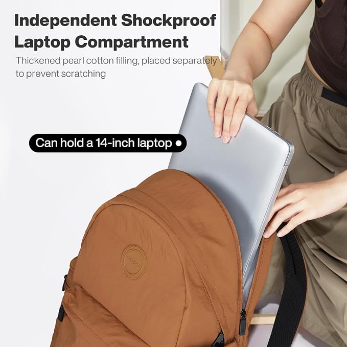 mixi 15 Inch Casual Travel Daypack, Lightweight Laptop Backpack, Brown | Ultra Light Backpack, Fits 14in Laptop, Water/Oil/Stain Resistant, Anti-Theft Pocket&Luggage Strap for College Work Hiking
