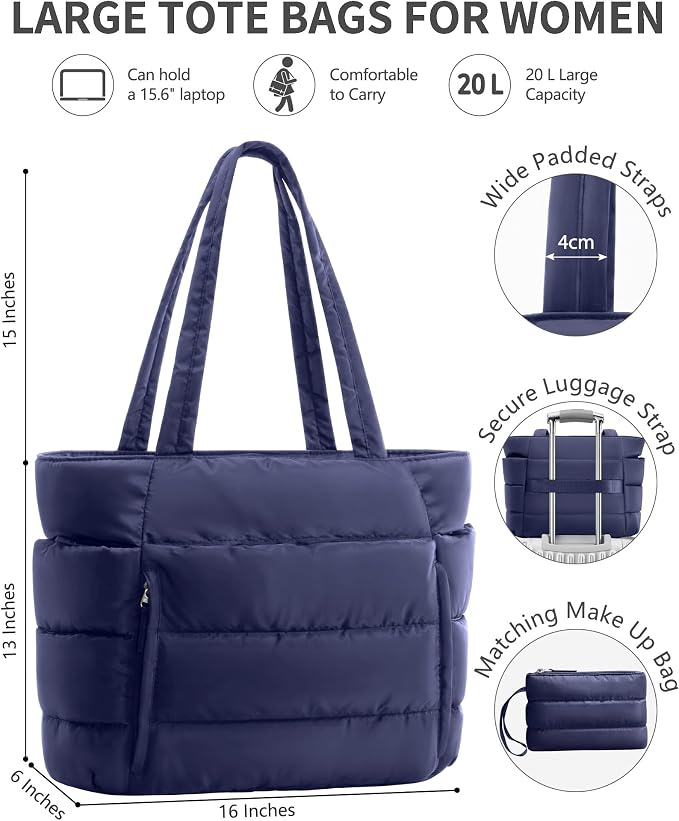 Bagstellar Puffer Tote Bag for Women, Lightweight Puffy Work Handbag Teacher Nurse Quilted Shoulder Bag for School Travel Gym | Cloud Bag w/ Zipper