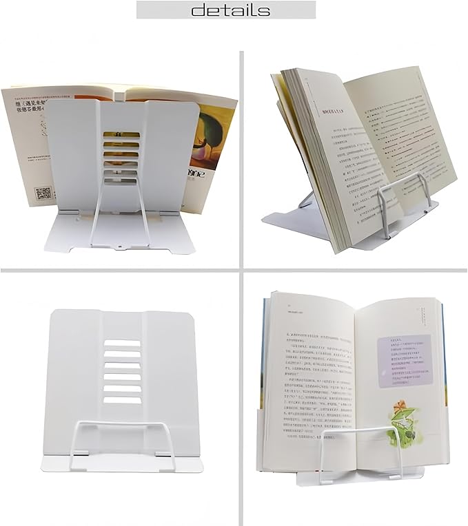 Azheeujy Metal Book Stand Folding Reading Book Holder with 6 Adjustable Angles and Paper Page Clip,Sturdy Desktop Book Holder for Cookbook,Magazine,Textbooks,Document,Music Book,Laptop,Tablet (White)