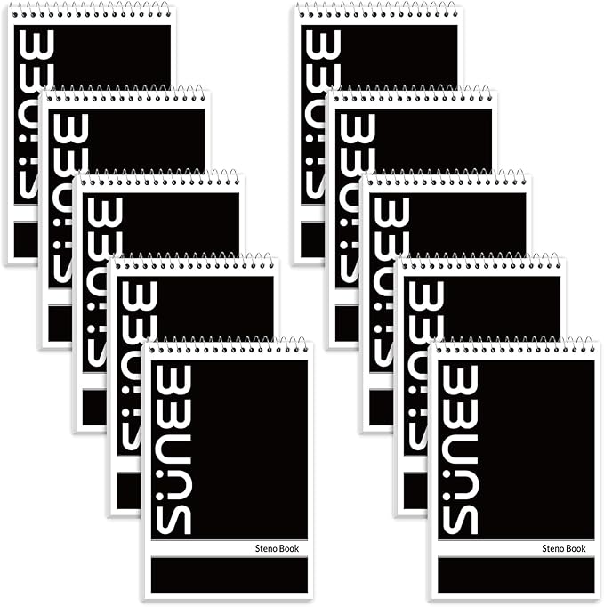 SUNEE 10 Pack Steno Pads 6x9, Gregg Rule, 60 Sheets, Spiral Notebook 6x9, White Paper, Take Notes with Top Spiral Notebook, for School, University, College, Work, Office, Black