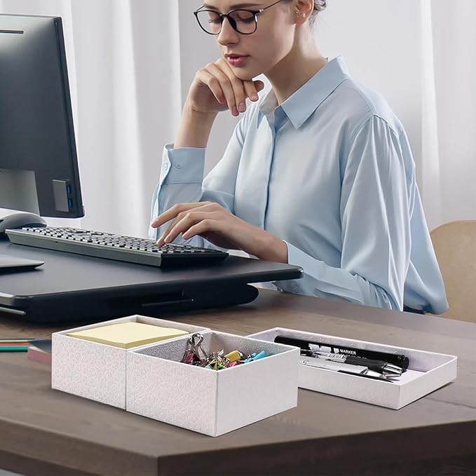 Desk Organizer,Office Desk Accessories,Paperboard Desktop Organizer with Pen Pencil Holder and Sticky Note Tray,Paperclip Storage, White