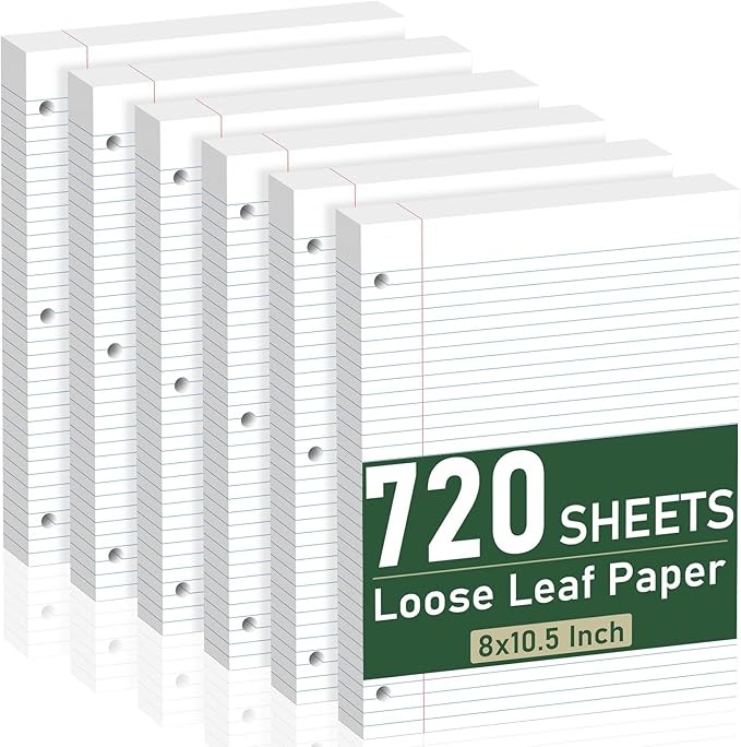 6 Pack Loose Leaf Paper, 120 Sheets Notebook Lined Pads, 8 x 10.5 College Ruled Filler Paper, 3-Hole Punched, White Loose Leaf Notebook Paper for 3 Ring Binders, for Home & Office, School Supplies