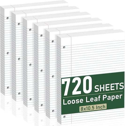 6 Pack Loose Leaf Paper, 120 Sheets Notebook Lined Pads, 8 x 10.5 College Ruled Filler Paper, 3-Hole Punched, White Loose Leaf Notebook Paper for 3 Ring Binders, for Home & Office, School Supplies