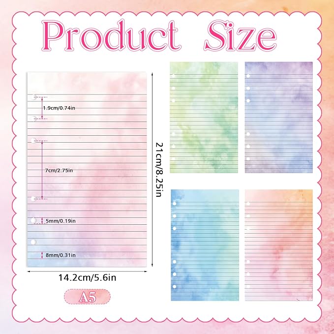 100 Sheets Gradient A5 Refill Papers for Planner Binder Insert, 120GSM Thick Loose Leaf Lined Paper, 6 Hole Notebook Filler for A5 6 Ring Travel Journal Diary Budget Binder, Watercolor