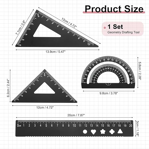 PATIKIL 4 Pcs Geometry Drafting Tool, Aluminum Alloy Geometry Kit Math Tool Includes 20cm L Ruler Protractor Triangles for Drafting Angle Measure Simple Science Experiment, Black
