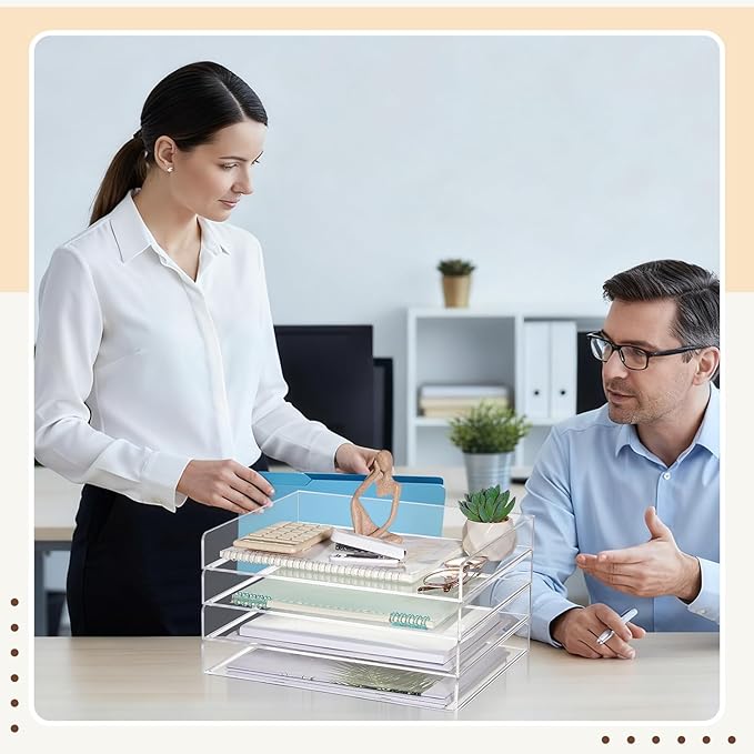 Harloon 4 Tier Acrylic Paper Tray Organizer, Heavy Duty Stackable Clear Organizer for A4/Letter Paper, Acrylic File Storage for Desk, Office Workspace, No Assembly Required, 13 x 10 x 1.7 Inches