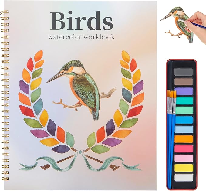 Beginner Watercolor Painting Kit, 12 Colors & 3 Brush with Multi-Theme Painting Set, Outline Art Supplies for Teens Adults (Bird)，10.23 * 8.26in.