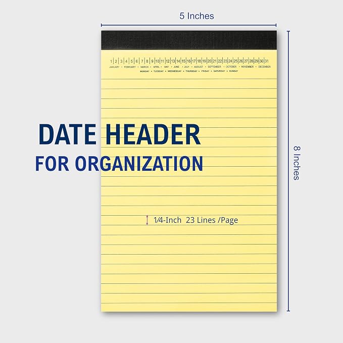 Mymazn Small Legal Pads 5 x 8 Inch, Yellow Writing Pads with Date on Top, 6 Pack, 30 Sheets Each, Micro-Perforated, No-Bleed Paper for Office, School,Notes, Journaling