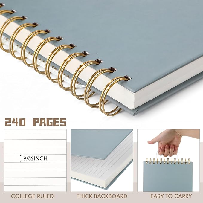 Resurhang 3 Pack Top Spiral Notebook 7"x10" Hardcover Steno Pads 240 Pages(120 Sheet) college Ruled Waterproof Cover Notepad Left hand Notebooks for Work School Office (Blue,Green,Gray)