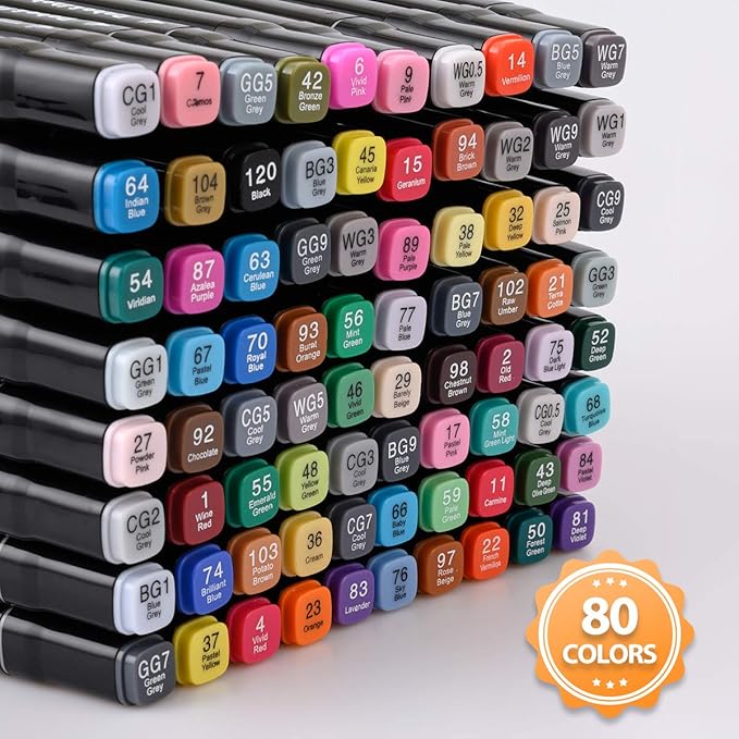 Dabo&Shobo 80 Color Alcohol Marker Pens, Bright Permanent Markers For Coloring, Markers For Adults Coloring Book, Wide Chisel and Fine Tip, Dual Tip Design, Equipped with Black Suitcase