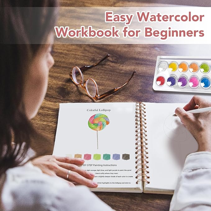 Easy Watercolor Workbook for Beginners - 12 Beautiful Step-by-Step Paintings Water Coloring Book, Includes 16 Colors Paints, Relaxing Art Projects and Creative Gift for Adults & Teen (Candy)