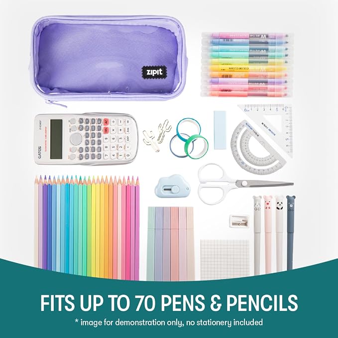 ZIPIT Half & Half Pencil Case for Girls, 3-Compartment Zipper Pouch, Purple | Clear-front pencil case for school, dedicated organizer panels, holds up to 70 pens & pencils, durable easy-care polyester