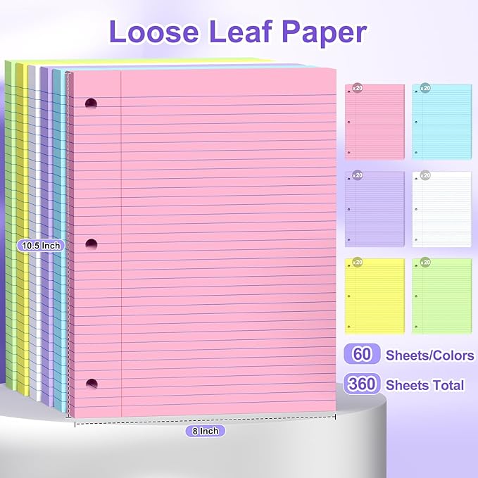 360 Sheets Loose Leaf Paper, 8x10.5 College Ruled, Notebook Paper for 3 Ring Binders, Colored Notebook, 3 Hole Punch Paper, 60 Sheets/Color