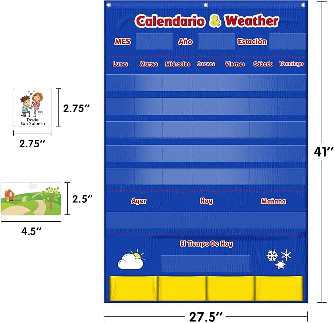 Spanish Calendar and Weather Pocket Chart, Classroom Organized Chart, 140 Pieces (Spanish)