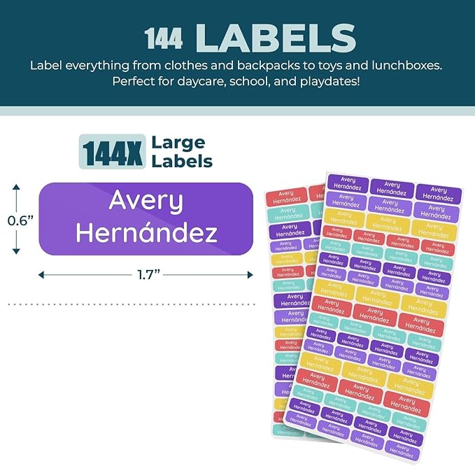 Personalized Daycare Name Label for Kids (144 Labels) Custom Labels for Clothing Tag Waterproof Name Stickers for Clothing Tags, Camp，Lunch Boxes，Bottles, Backpacks and School Supplies