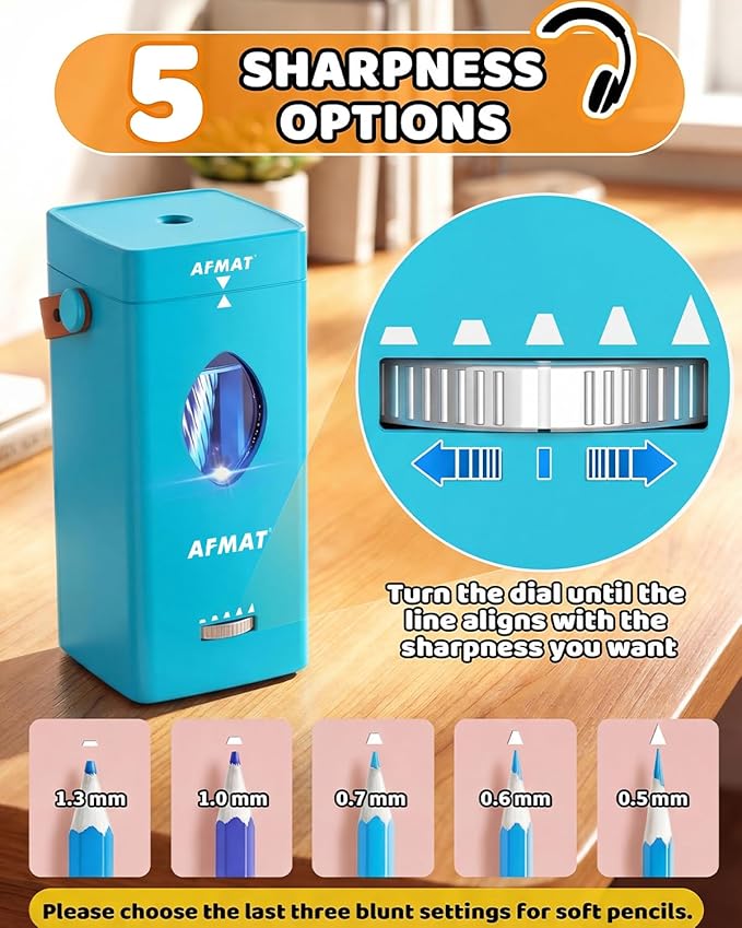 AFMAT Electric Pencil Sharpener, Fully Automatic Pencil Sharpener for 6-12mm No.2/Jumbo Pencils, Auto in & Out, 5 Sharpness Modes, Rechargeable Heavy Duty Sharpeners for Classroom/Home/Office PSC7