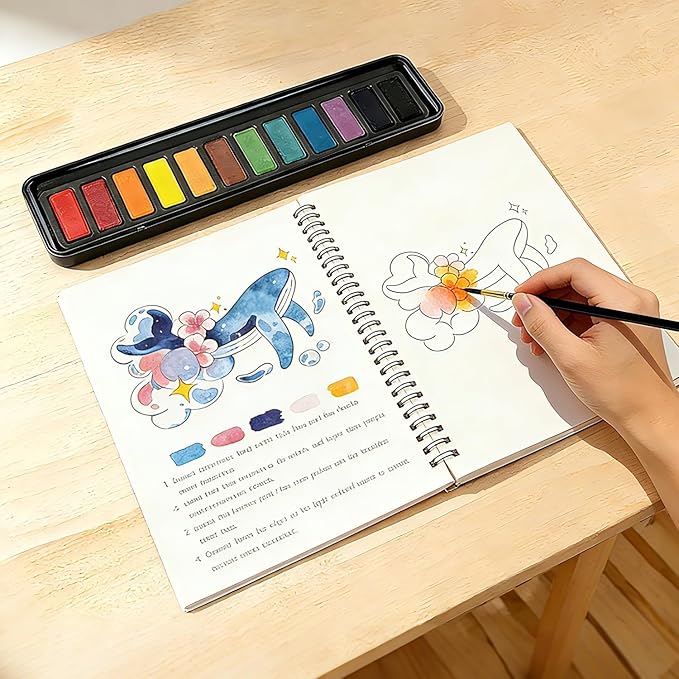 Beginner Watercolor Painting Kit with Seaside Watercolor Workbook, 12 Colors Watercolor Paint Set, Paint Brushes Included, Easy Art Set for Beginners