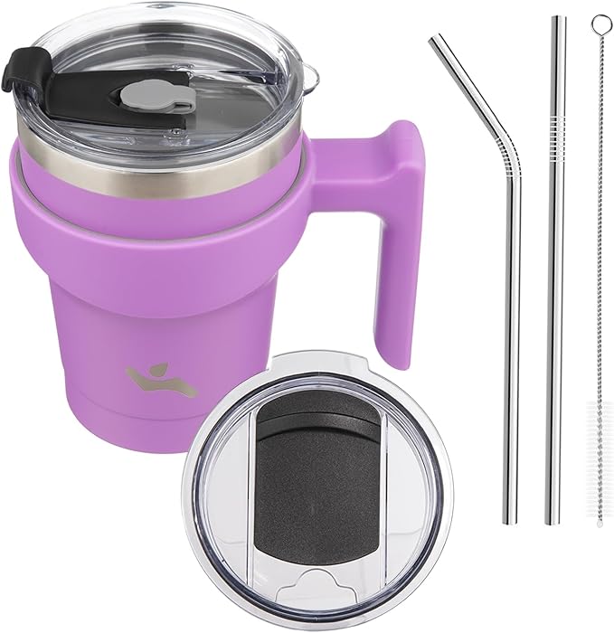 Konokyo 10 oz Tumbler with Handle and 2 Straw 2 Lid, Insulated Water Bottle Stainless Steel Vacuum Cup Reusable Travel Mug,Lavender