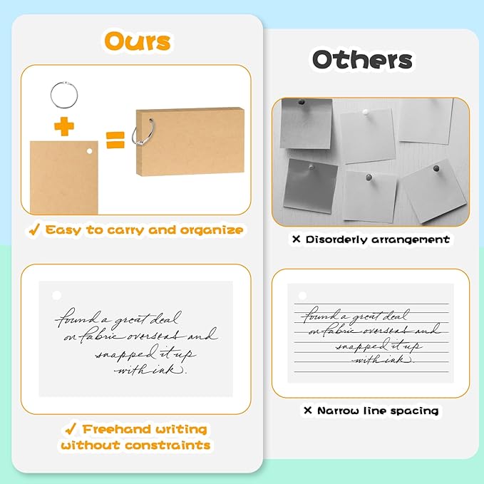 300 Pcs Customizable Index Flash Study Note Card Pad White Blank Kraft Paper with Binder Ring (3 x 5 Inches, 50 Sheets per Set)