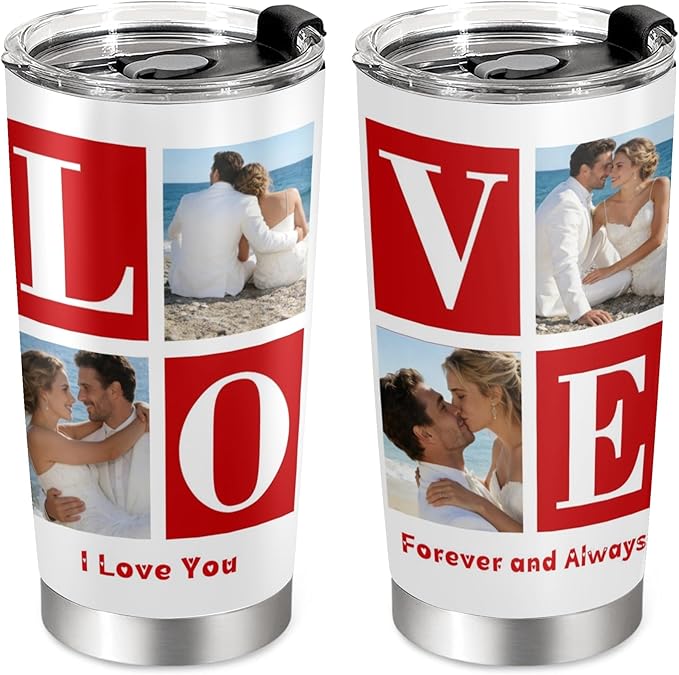 Personalized Tumbler Custom Vacuum Insulated Travel Mug Customizable Coffee Cup with Your Photos and Text Christmas Birthday Gift (LOVE-4 Photos)