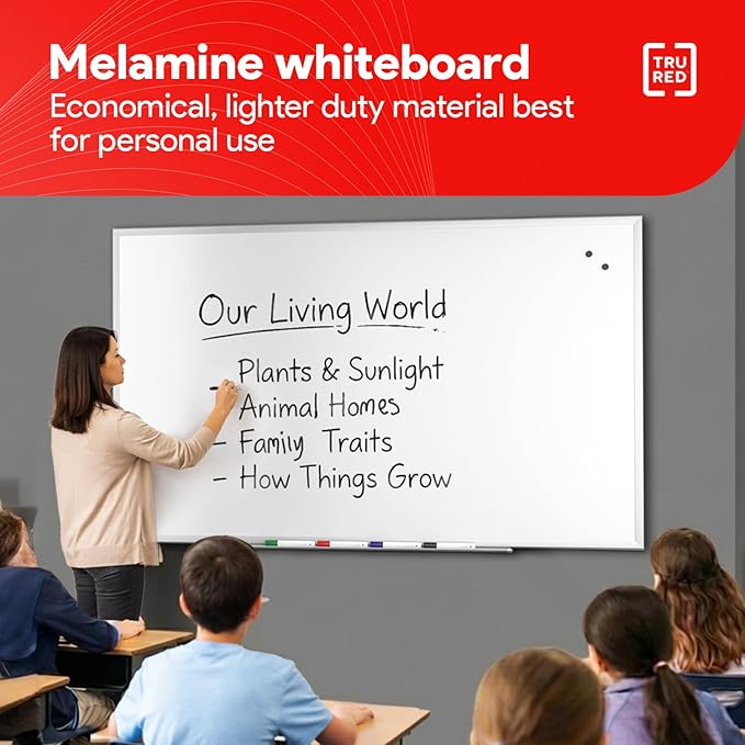 TRU RED Melamine Whiteboard | Large Dry Erase Board for Wall, White Board with Gray Frame, 8ft x 4 ft, 1 Black Marker Included