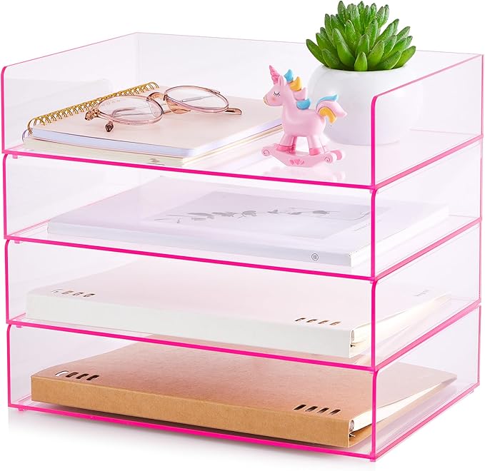Harloon 4 Tier Paper Organizer Letter Tray Pink Acrylic Desk File Organizer Heavy Duty Stackable Documents Clear Letter Paper Holder Office Tray for A4, Office Classroom Home File Pad Notebooks