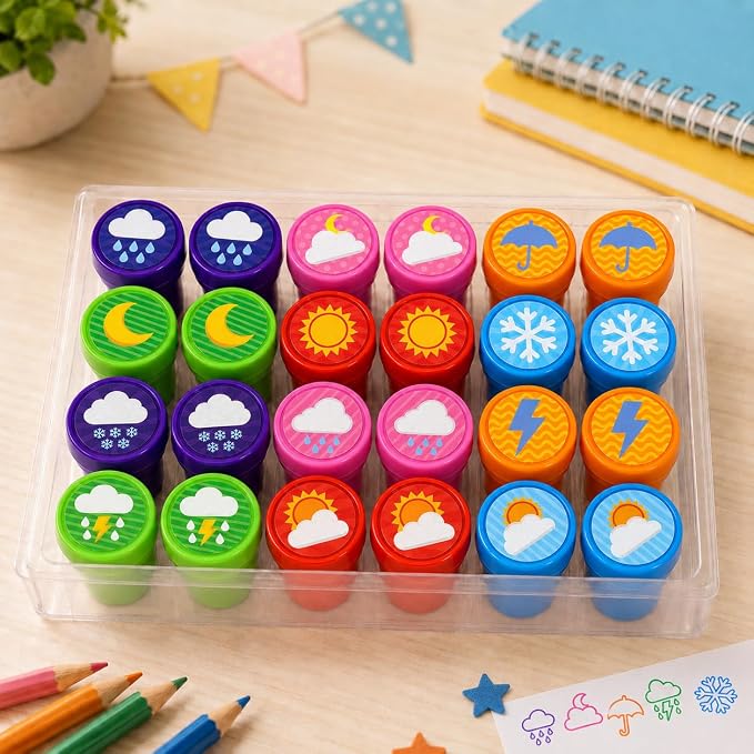 Cinrobiye 24 Pcs Weather Stampers Party Favor Set, Cute Weather Symbols Stamps for Kids Birthday Party, Classroom Rewards, Educational Learning Toys, Goody Bag Fillers