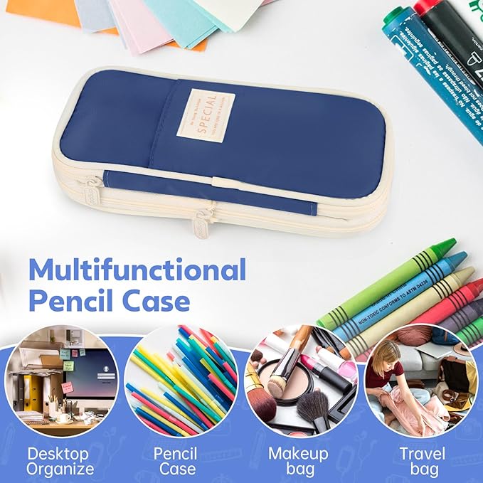 Pencil Case, Large Capacity Aesthetic Pencil Cases with Durable Zipper, Big Stationery Pencil Pouch for Women & Men , Adults Portable Storage Organizer Bag for College, office, Travel (Dark Blue)