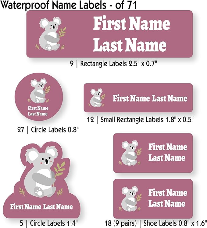 Personalized Kids Name Labels – Waterproof Custom Stickers for Daycare & School, Dishwasher & Laundry Safe (Koala - Red)